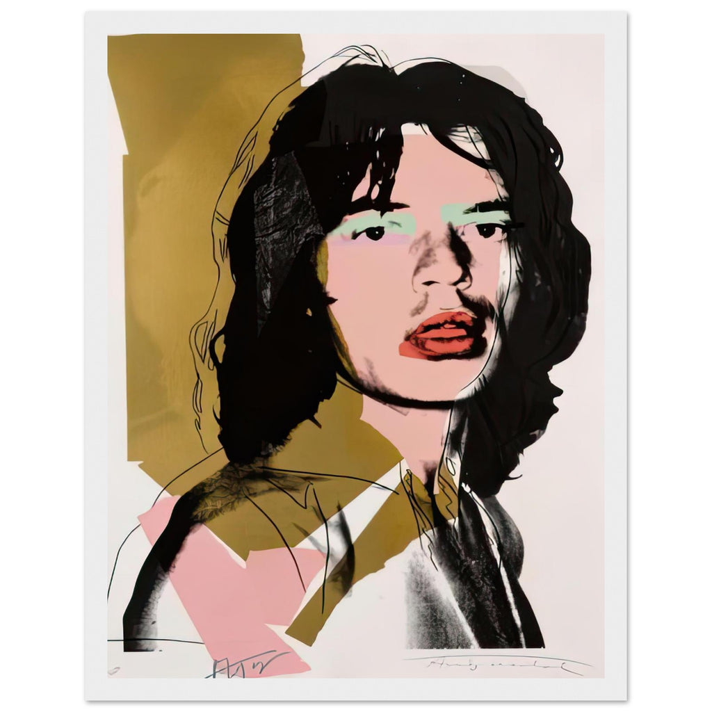 Andy Warhol framed print depicting photographic tones are interrupted by hand-drawn contours, selective colour blocks and cropped facial and bodily details; Warhol’s ten Mick Jagger portraits followed a long friendship with the Rolling Stones singer, including, white frame, 27x35 cm / 11x14″