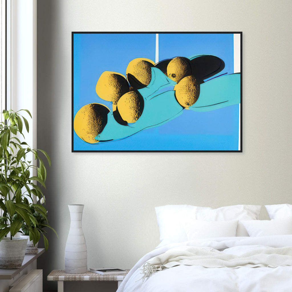 Andy Warhol framed print depicting rounded fruit forms, expressive edges and the recognizable shapes of cantaloupes, a detail that connects the composition to its broader artistic subject