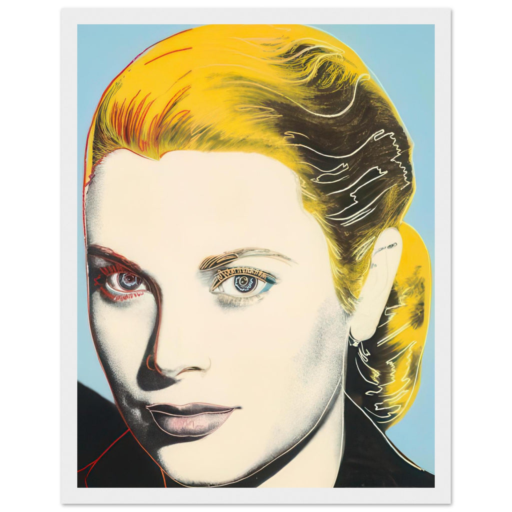 Andy Warhol framed print depicting a closely presented face, defined contours and a strong gaze give the composition a poised and elegant character, white frame, 27x35 cm / 11x14″