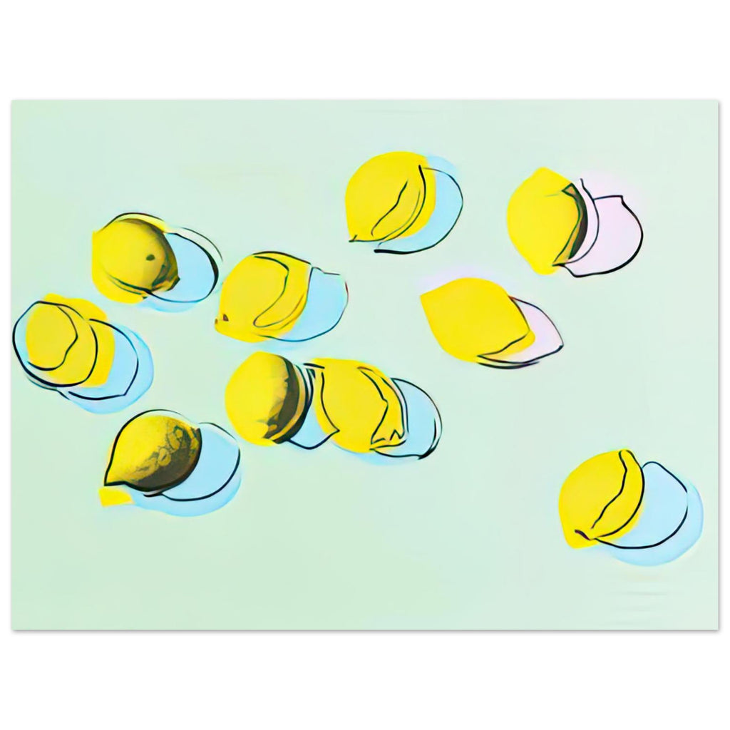Andy Warhol poster depicting rounded fruit forms, expressive edges and the recognizable shapes of lemons, a detail that connects the composition to its broader artistic subject, 30x40 cm / 12x16″