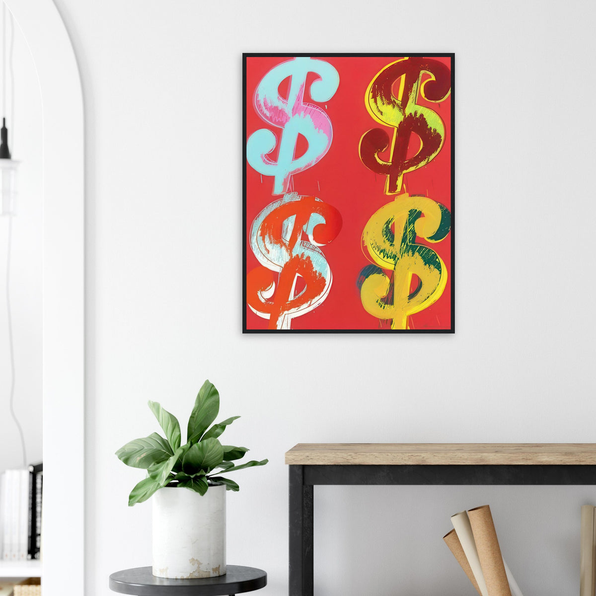 Andy Warhol framed print depicting the repeated or isolated currency mark operates like a logo: simple, recognizable and assertive