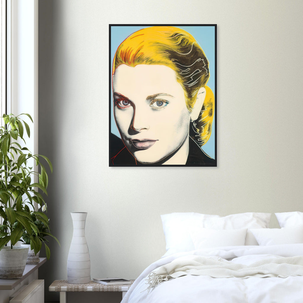 Andy Warhol framed print depicting a closely presented face, defined contours and a strong gaze give the composition a poised and elegant character