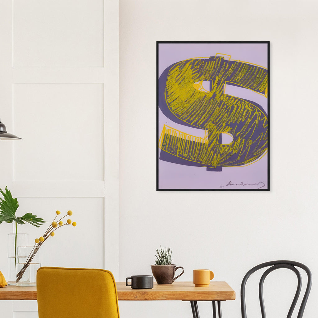 Andy Warhol framed print depicting the repeated or isolated currency mark operates like a logo: simple, recognizable and assertive