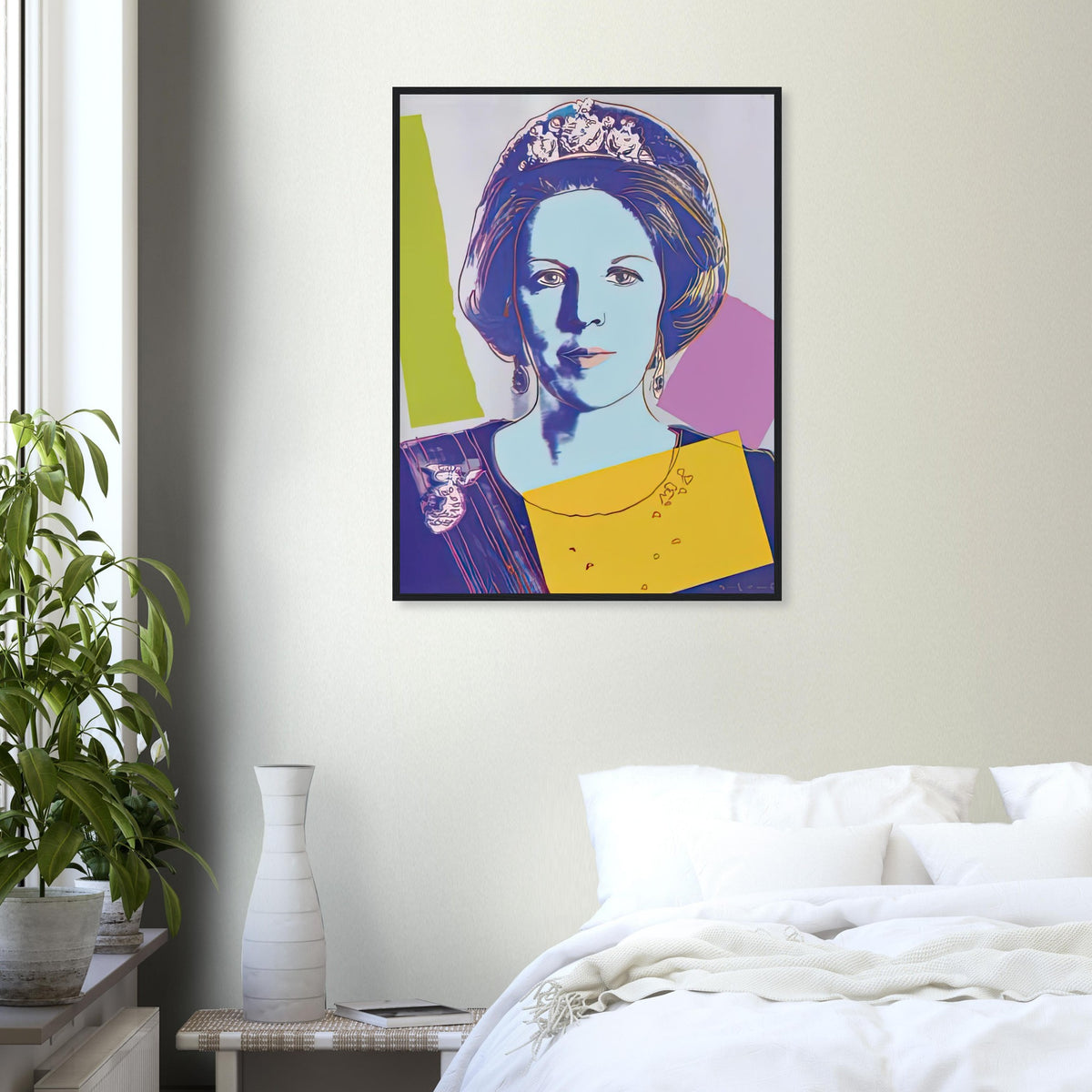 Andy Warhol framed print depicting this work depicts Queen Beatrix of the Netherlands; The Reigning Queens portfolio presented four women who held ruling power in their own right: Elizabeth