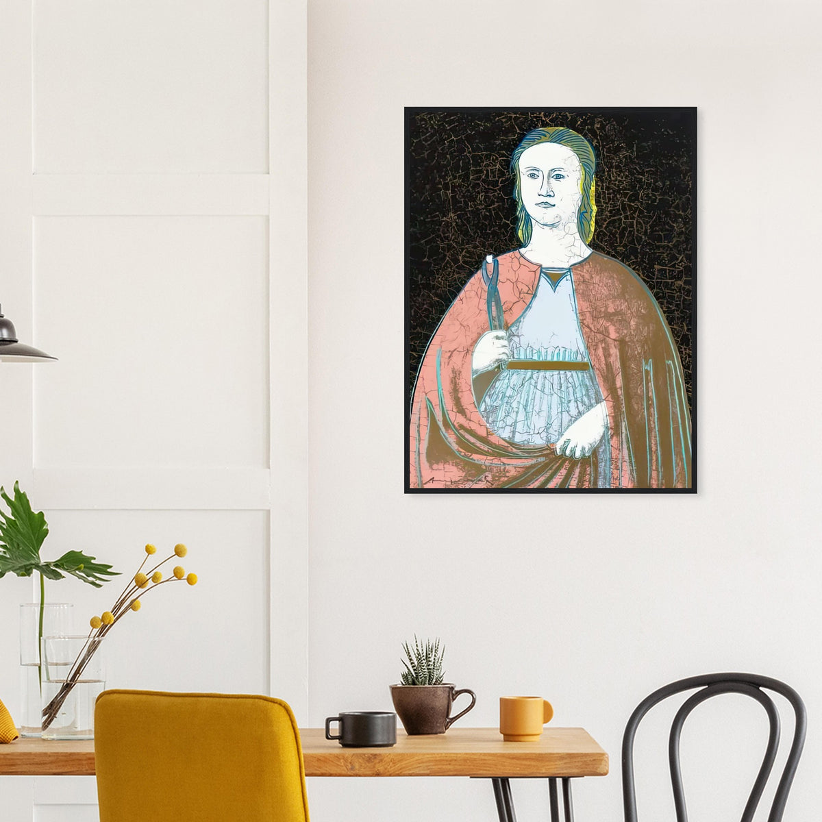 Andy Warhol framed print depicting the saint’s solemn presence, her symbolic attribute and the cracked appearance of the source painting remain visible; Warhol’s Saint Apollonia portfolio draws upon a Renaissance devotional image associated with Piero della