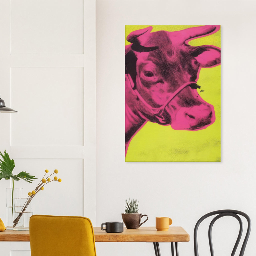 Andy Warhol canvas print depicting the cow’s face becomes a bold graphic presence, replacing the gentle mood of traditional animal painting with irreverent visual impact
