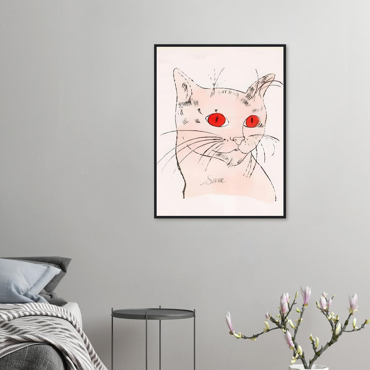 Andy Warhol framed print depicting a spare contour drawing gives the animal its personality, while uncomplicated forms keep the focus on the cat’s outline and pose