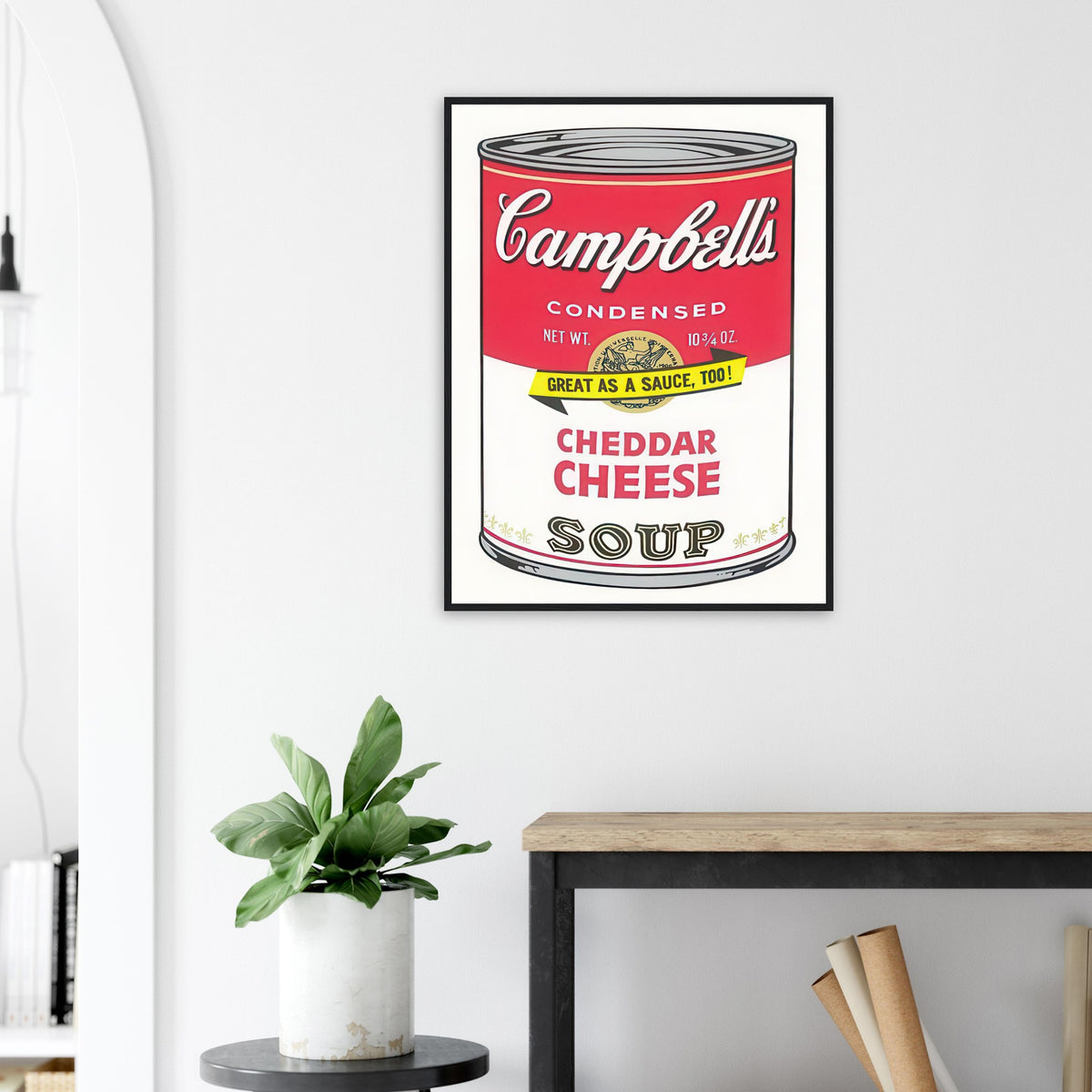 Andy Warhol framed print depicting the instantly legible soup-can silhouette, packaging lettering and product name create a highly recognizable commercial composition