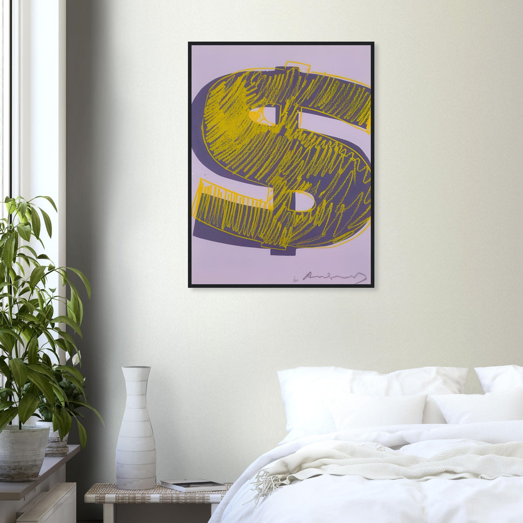 Andy Warhol framed print depicting the repeated or isolated currency mark operates like a logo: simple, recognizable and assertive