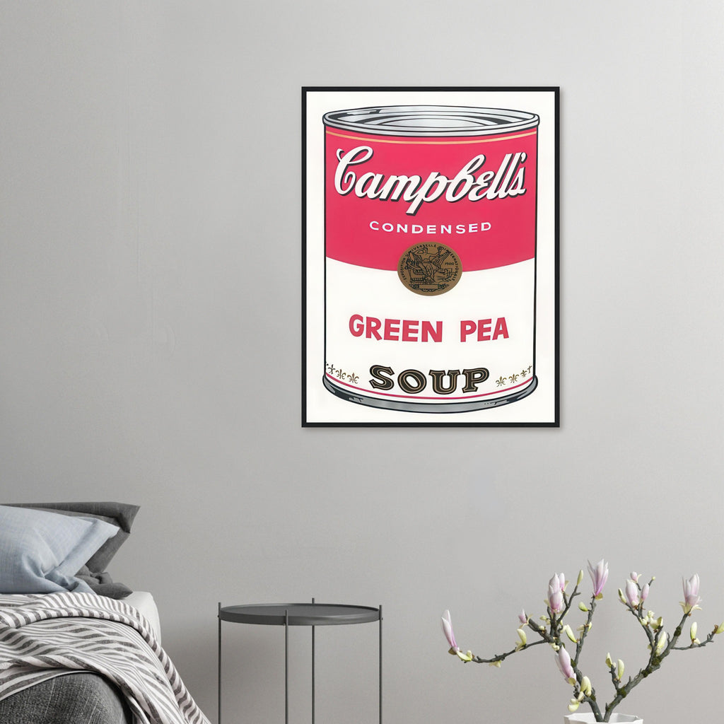 Andy Warhol framed print depicting the instantly legible soup-can silhouette, packaging lettering and product name create a highly recognizable commercial composition