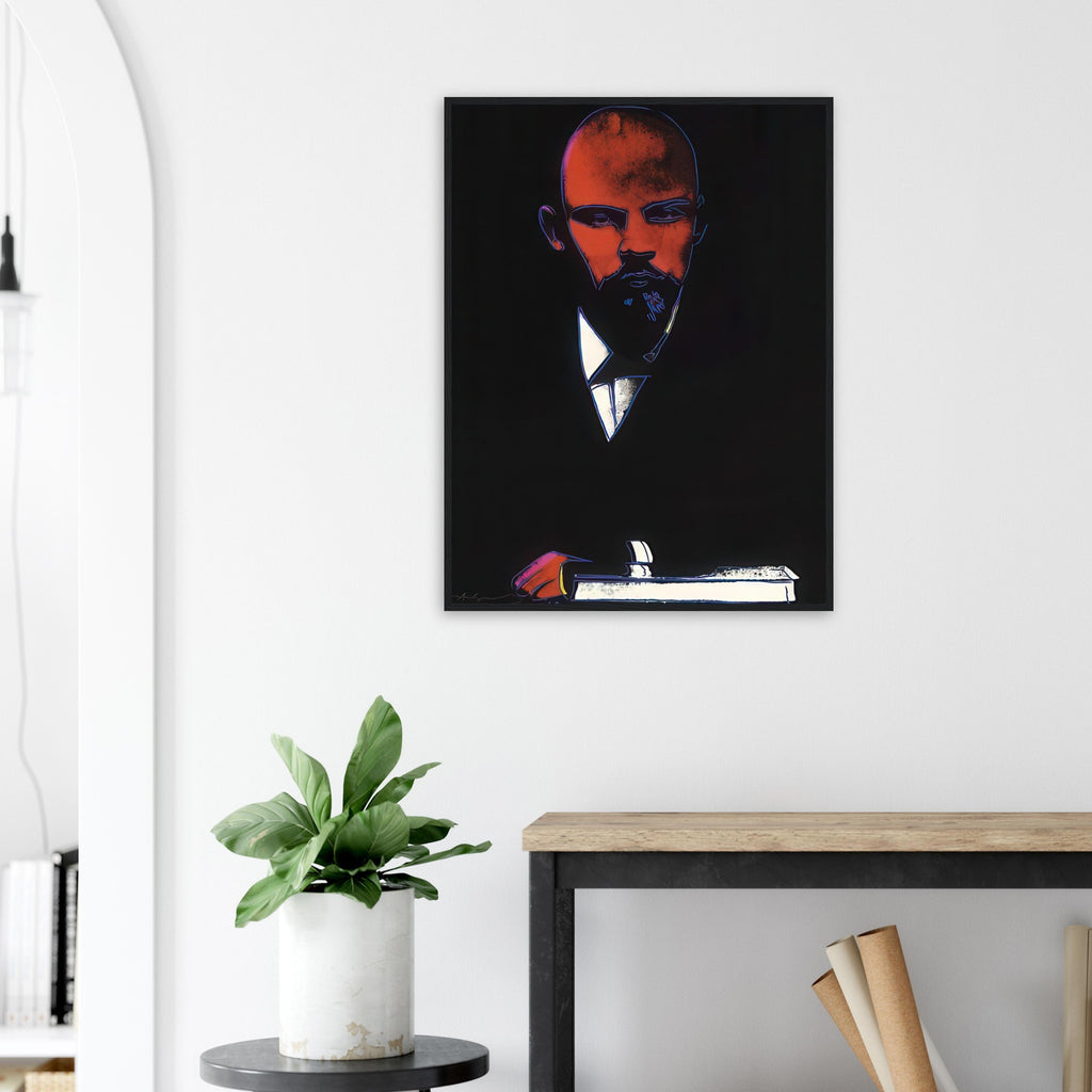 Andy Warhol framed print depicting an assertive face and reduced graphic shapes organize the composition into a memorable political portrait, independent of a traditional painted likeness