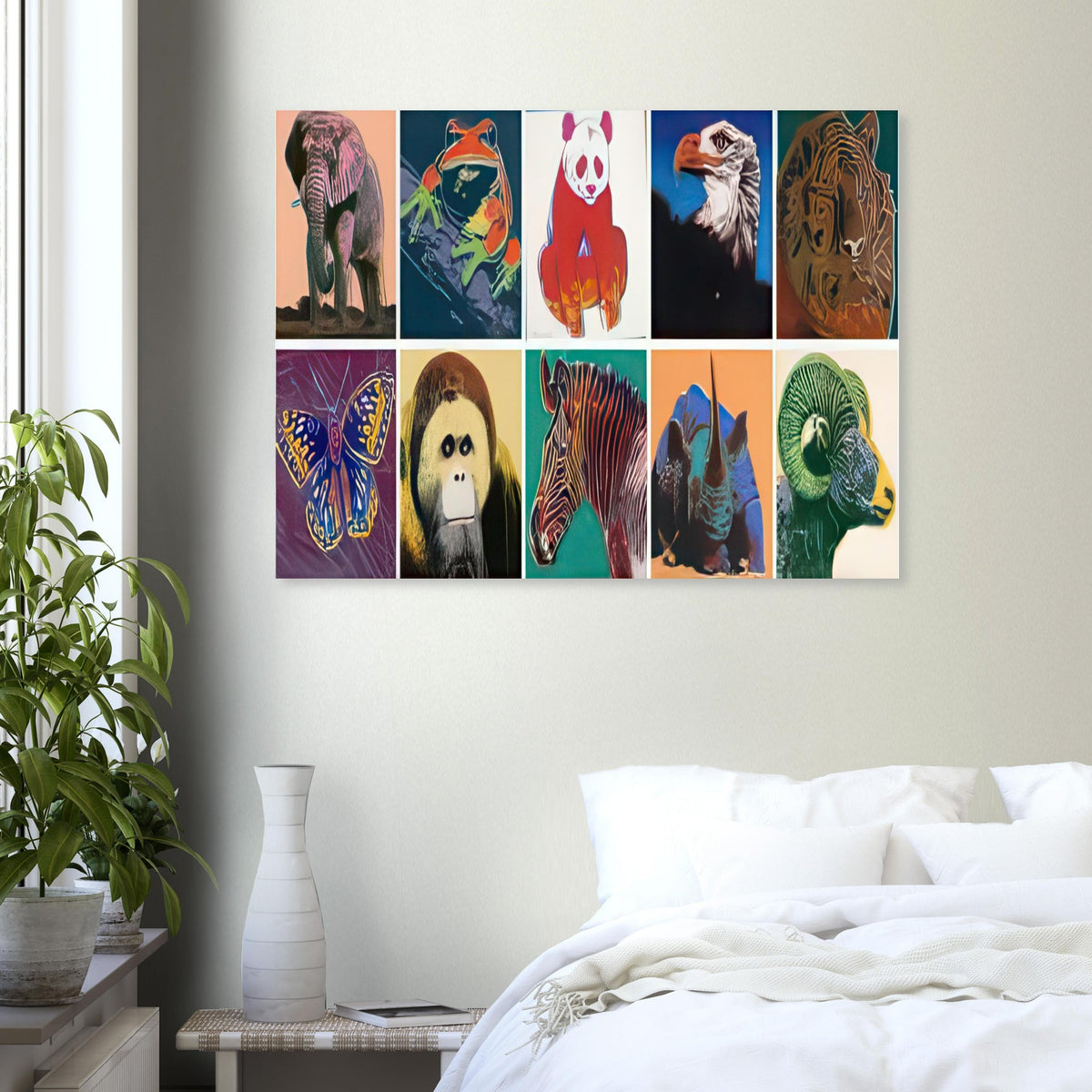 Andy Warhol poster depicting a group of wildlife portraits treated with striking graphic emphasis, a detail that connects the composition to its broader artistic subject