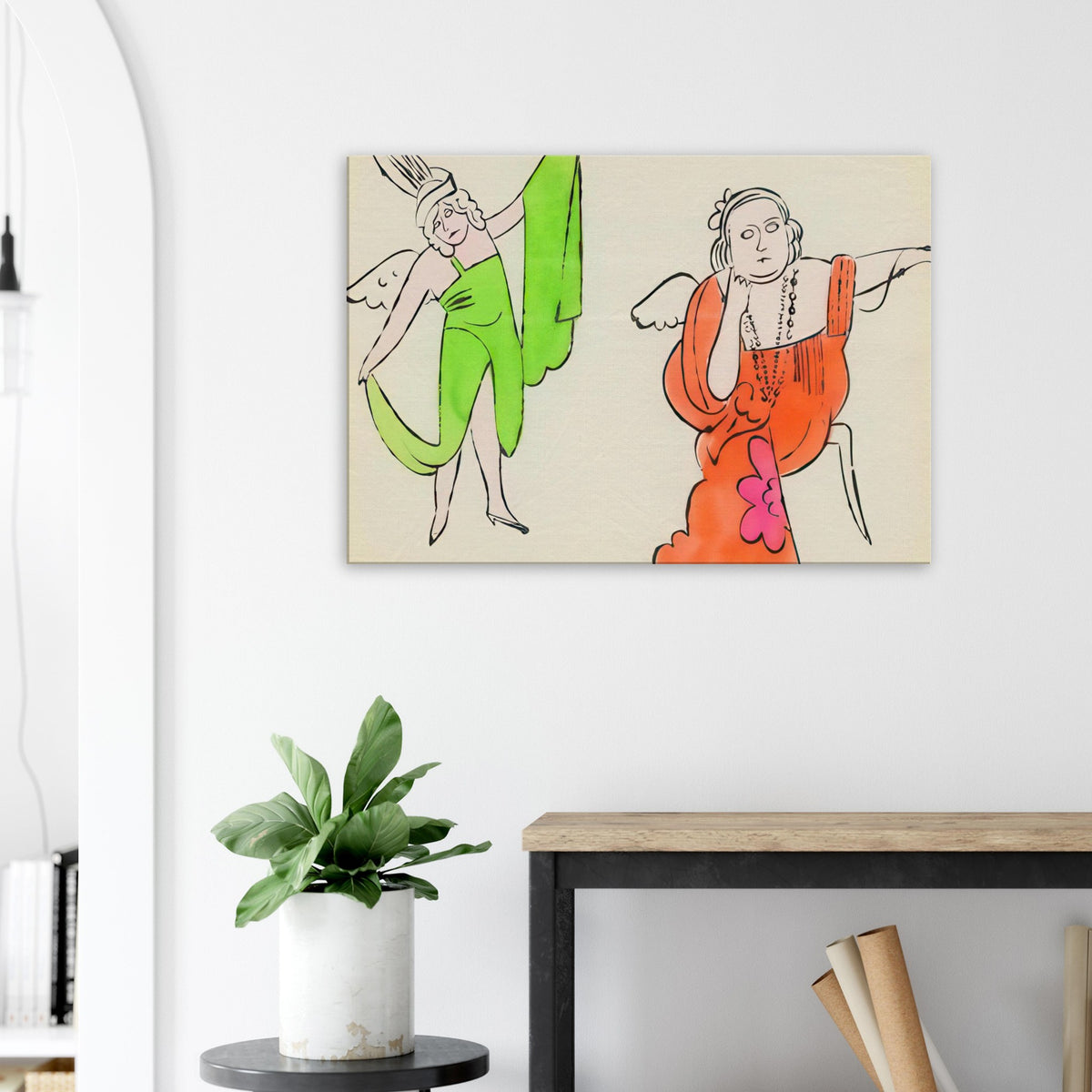 Andy Warhol canvas print depicting fantastical, decorative figures and storybook-like imagery, a detail that connects the composition to its broader artistic subject