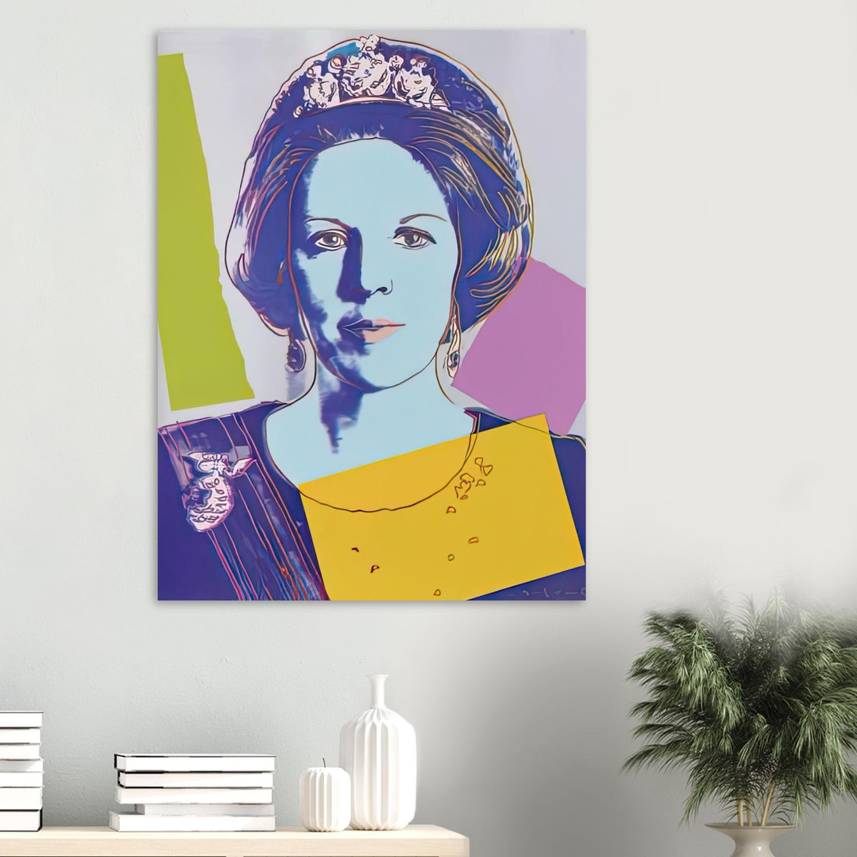 Andy Warhol poster depicting the recognizable royal portrait becomes a strong graphic focal point