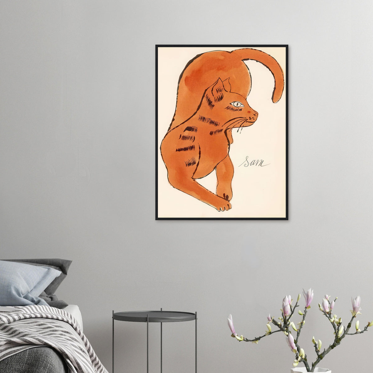 Andy Warhol framed print depicting a spare contour drawing gives the animal its personality, while uncomplicated forms keep the focus on the cat’s outline and pose