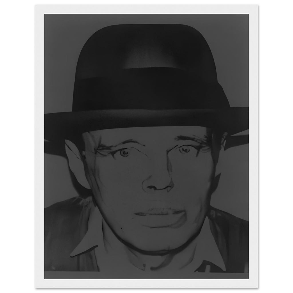 Andy Warhol framed print depicting beuys faces the viewer wearing his characteristic brimmed felt hat; Warhol portrayed fellow artist Joseph Beuys after photographing him in 1979, white frame, 27x35 cm / 11x14″