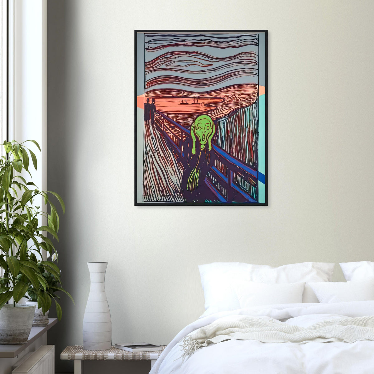 Andy Warhol framed print depicting the familiar anguished figure and its expressive gesture supply a point of recognition; graphic repetition and strong contours shift the emphasis toward the image’s public life as an icon; Warhol’s work titled The Scream references a famous expressionist image, a reminder that he sometimes