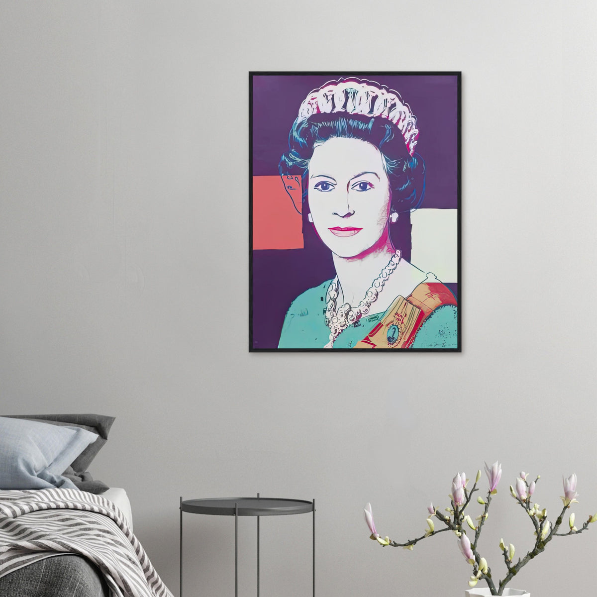 Andy Warhol framed print depicting a pale frontal face and detailed royal jewellery are set against blue, pink and red geometric fields; The Reigning Queens portfolio presented four women who held ruling power in their own right: Elizabeth
