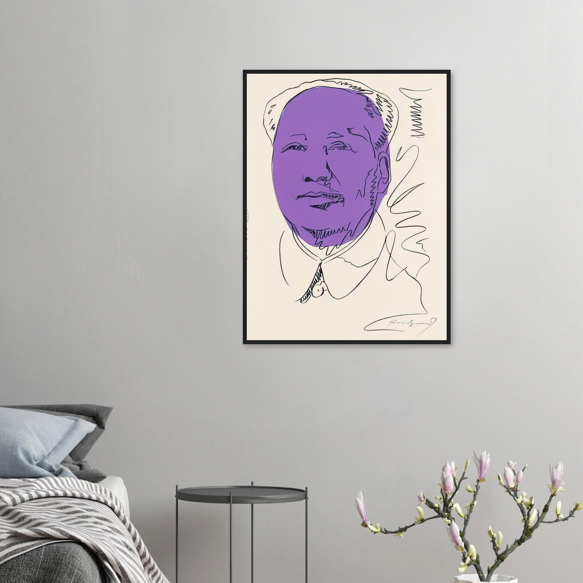 Andy Warhol framed print depicting the official frontal likeness becomes the foundation for freely manipulated colour; Warhol’s Mao portraiture grew from the vast circulation of the Chinese leader’s official image and the