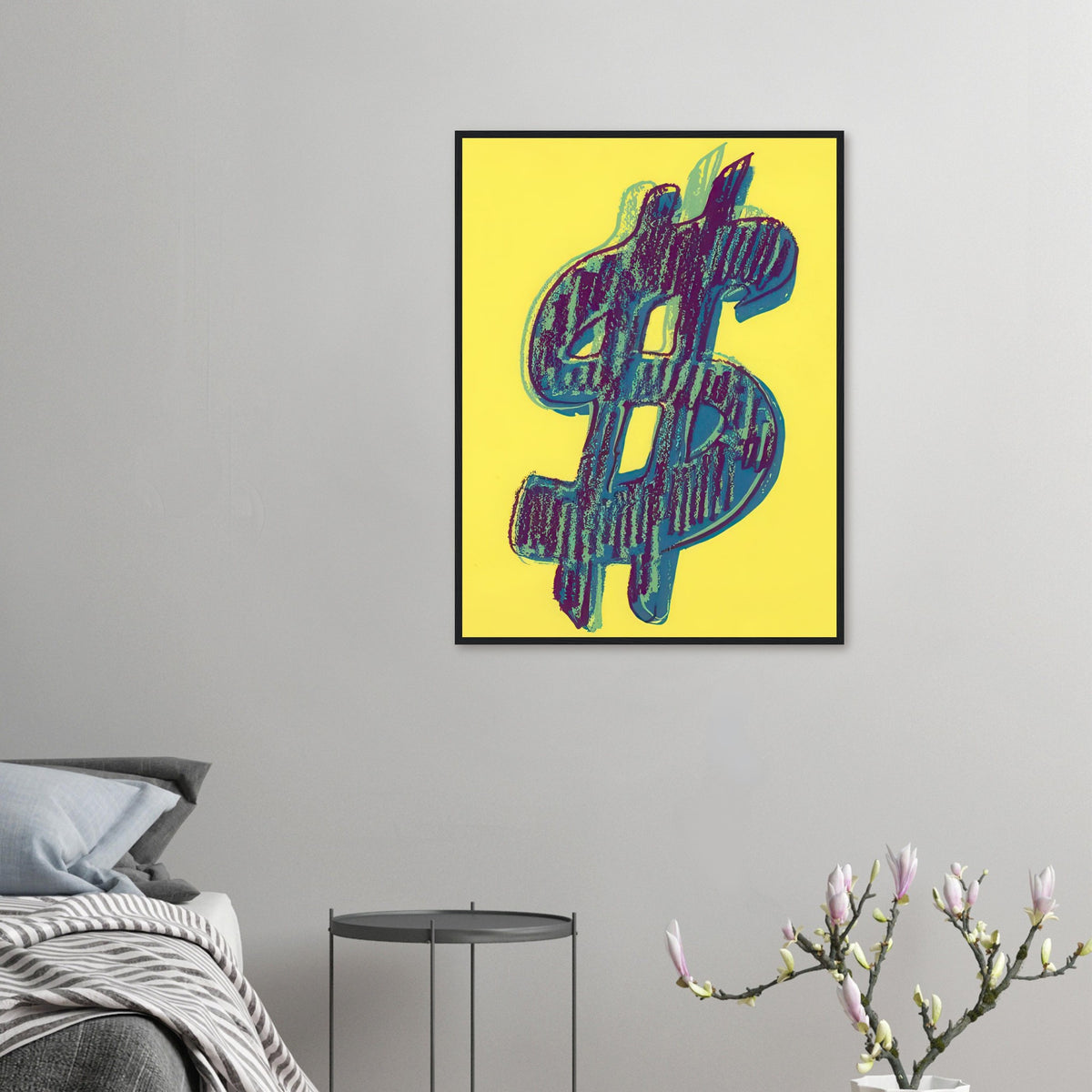 Andy Warhol framed print depicting the repeated or isolated currency mark operates like a logo: simple, recognizable and assertive