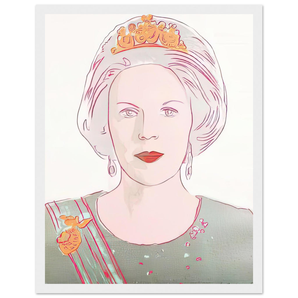 Andy Warhol framed print depicting this work depicts Queen Beatrix of the Netherlands; The Reigning Queens portfolio presented four women who held ruling power in their own right: Elizabeth, white frame, 27x35 cm / 11x14″