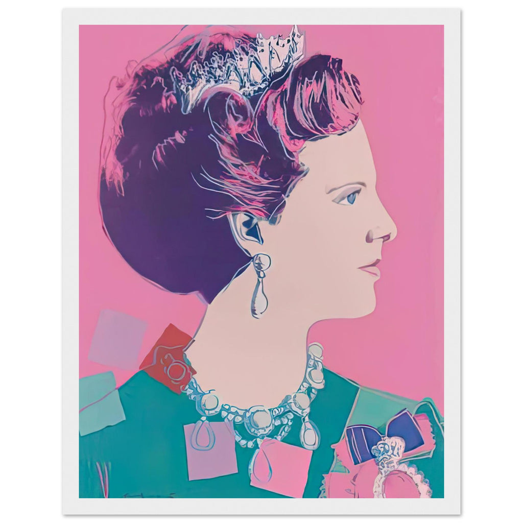 Andy Warhol framed print depicting this work depicts Queen Margrethe II of Denmark; The Reigning Queens portfolio presented four women who held ruling power in their own right: Elizabeth, white frame, 27x35 cm / 11x14″