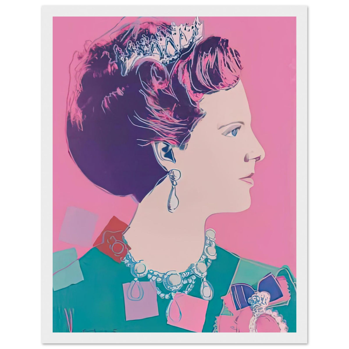 Andy Warhol framed print depicting this work depicts Queen Margrethe II of Denmark; The Reigning Queens portfolio presented four women who held ruling power in their own right: Elizabeth, white frame, 27x35 cm / 11x14″