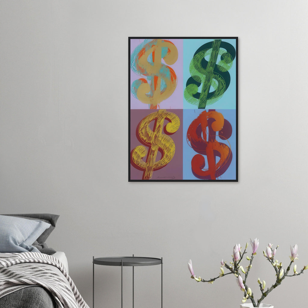 Andy Warhol framed print depicting the repeated or isolated currency mark operates like a logo: simple, recognizable and assertive