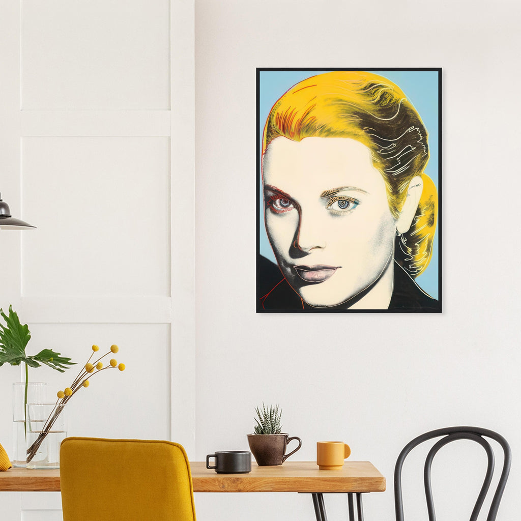 Andy Warhol framed print depicting a closely presented face, defined contours and a strong gaze give the composition a poised and elegant character
