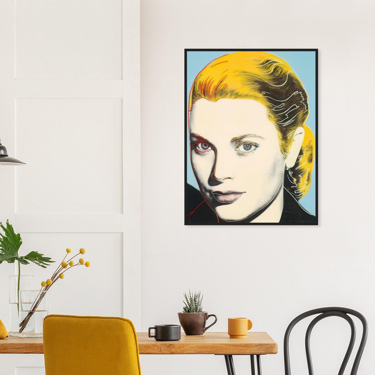 Andy Warhol framed print depicting a closely presented face, defined contours and a strong gaze give the composition a poised and elegant character