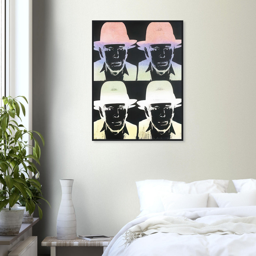 Andy Warhol framed print depicting dark facial areas are crossed by pastel ombré highlights, with the hat and jacket emerging from near-black tones; Warhol portrayed fellow artist Joseph Beuys after photographing him in 1979