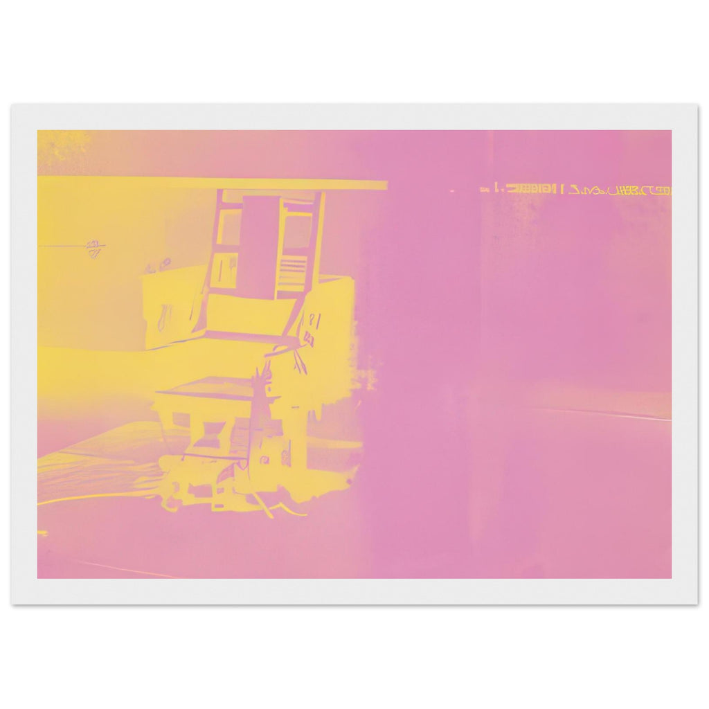Andy Warhol framed print depicting the stark chair, its surroundings and the tense emptiness of the room, a detail that connects the composition to its broader artistic subject, white frame, 21x29.7 cm / 8x12"