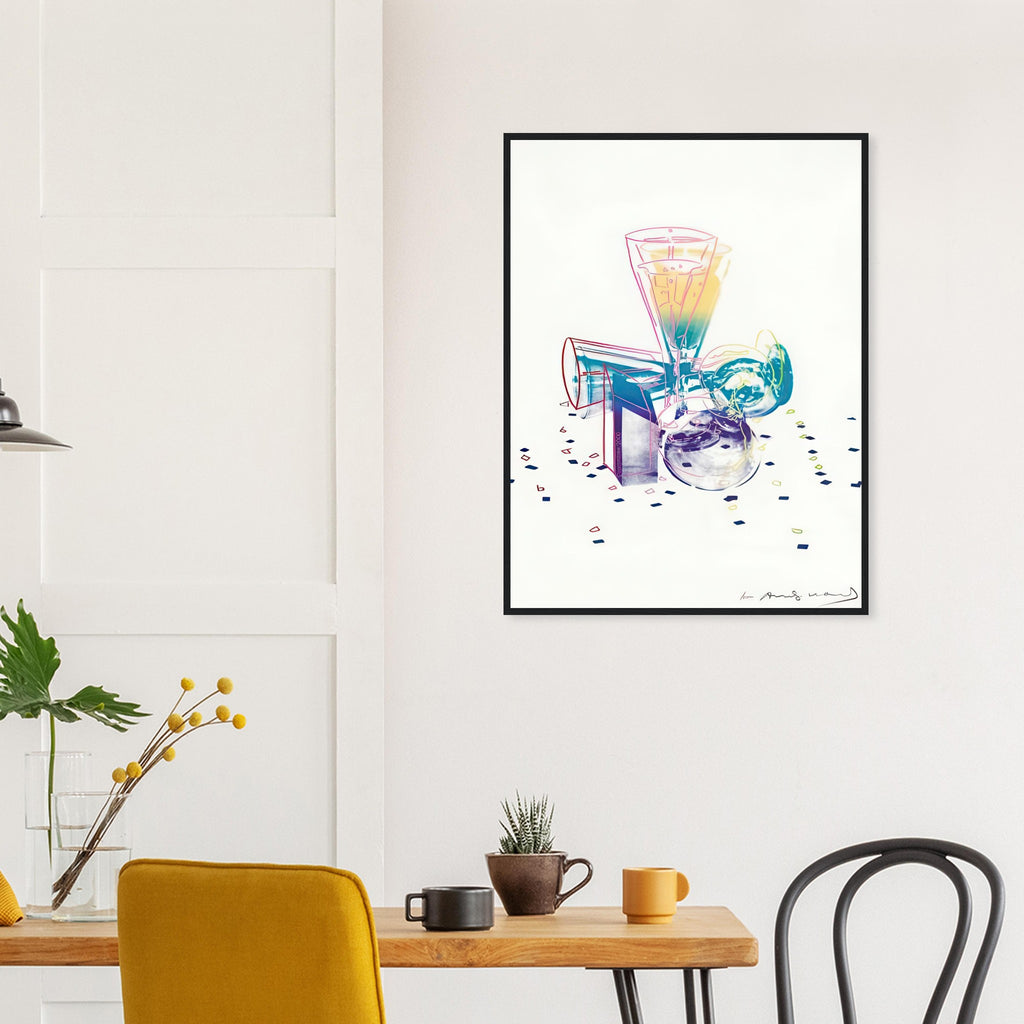 Andy Warhol framed print depicting the still-life arrangement places everyday objects into a decorative composition with a festive, slightly theatrical character