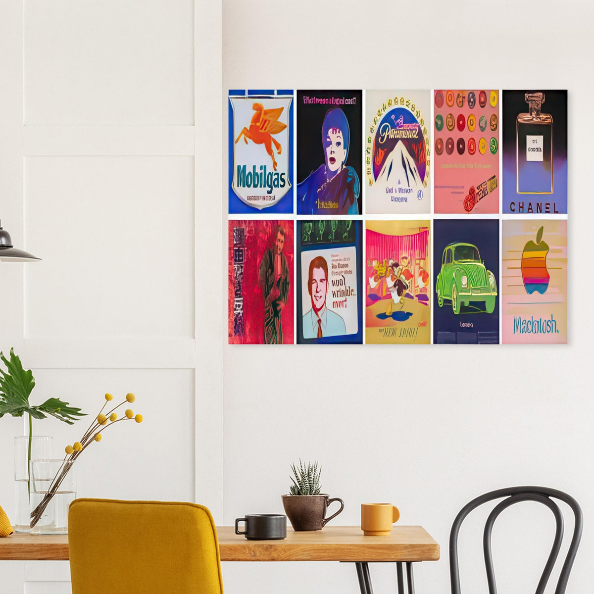 Andy Warhol poster depicting familiar commercial graphics turned into a composed art image, a detail that connects the composition to its broader artistic subject