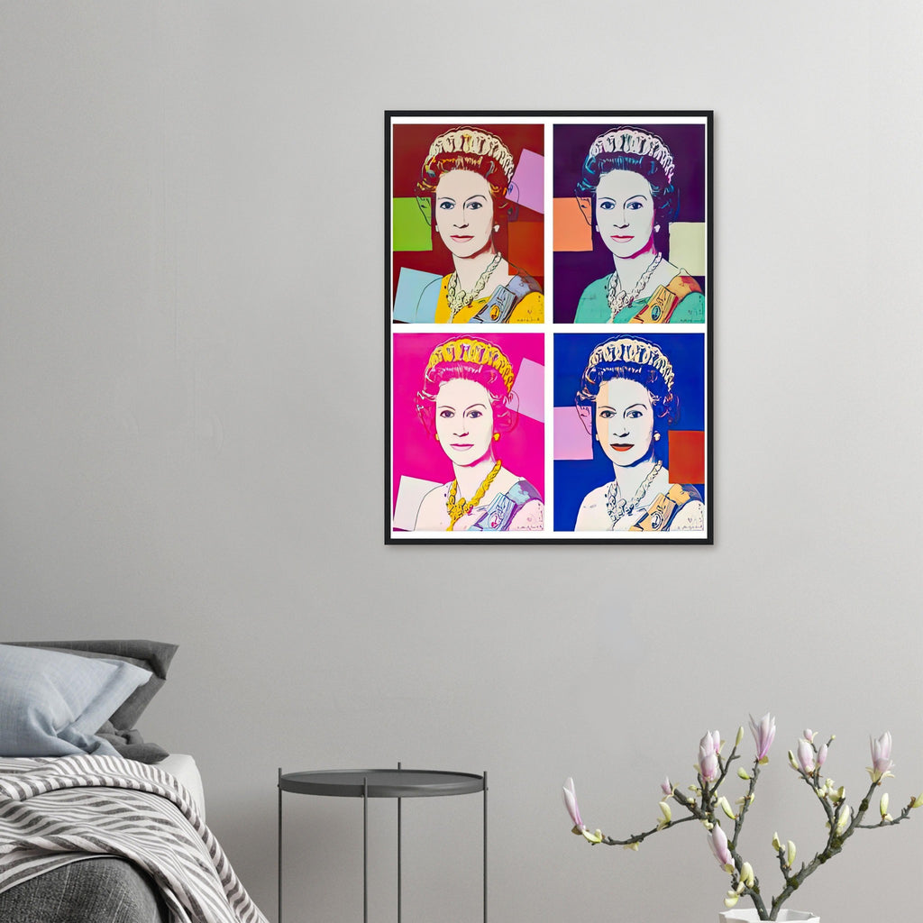 Andy Warhol framed print depicting this work depicts Queen Elizabeth II of the United Kingdom; The Reigning Queens portfolio presented four women who held ruling power in their own right: Elizabeth