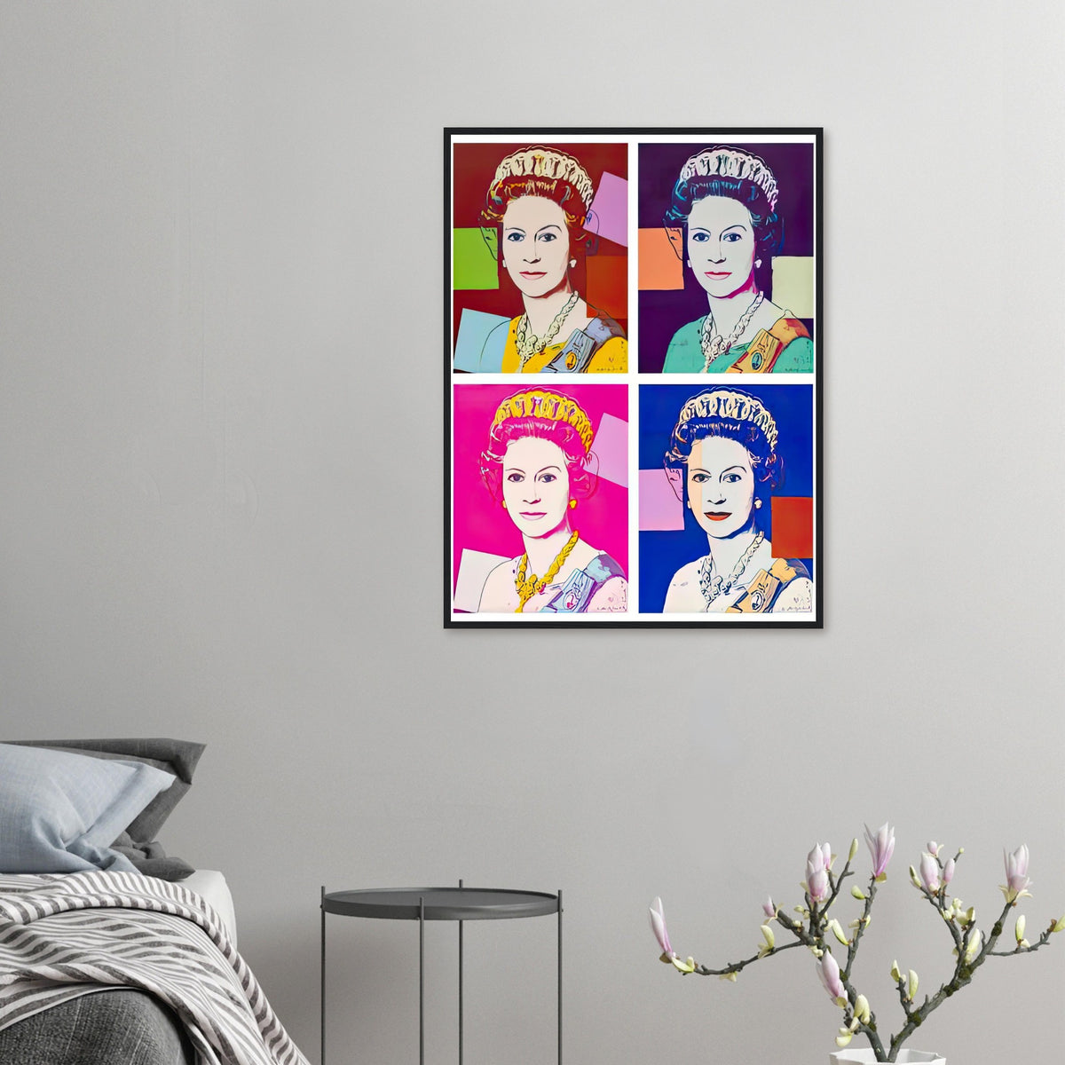 Andy Warhol framed print depicting this work depicts Queen Elizabeth II of the United Kingdom; The Reigning Queens portfolio presented four women who held ruling power in their own right: Elizabeth