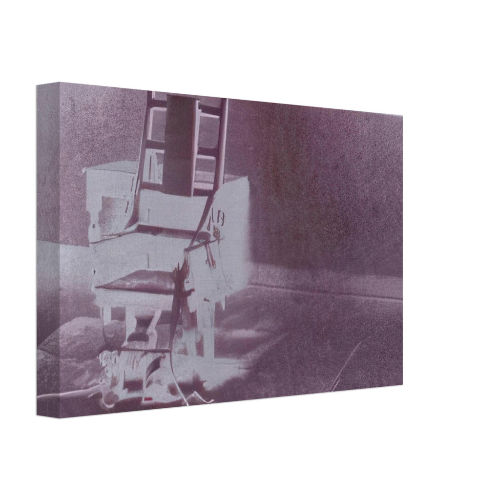 Andy Warhol canvas print depicting the stark chair, its surroundings and the tense emptiness of the room, a detail that connects the composition to its broader artistic subject, 20x30 cm / 8x12″