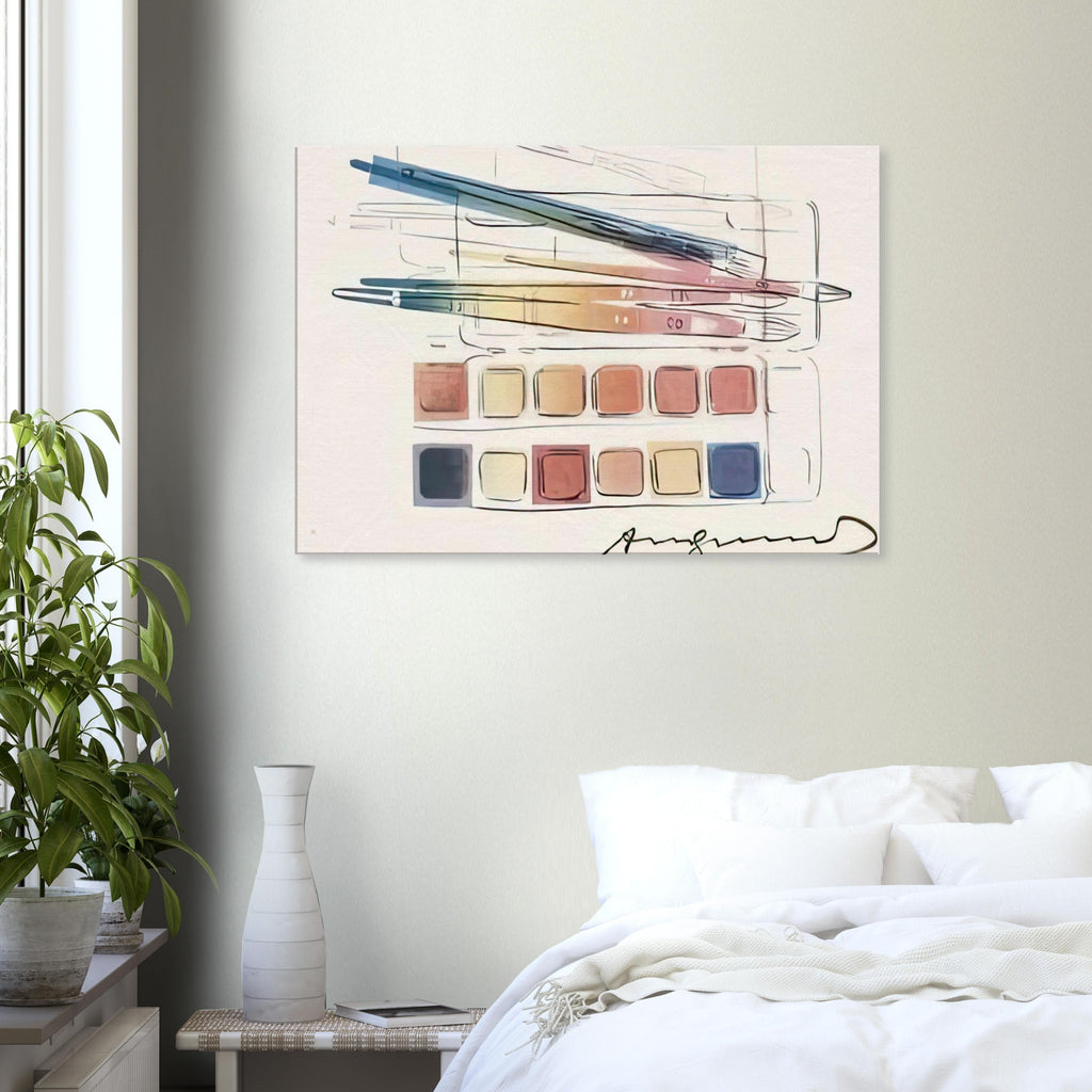 Andy Warhol canvas print depicting the compact arrangement of a watercolor painting set, a detail that connects the composition to its broader artistic subject