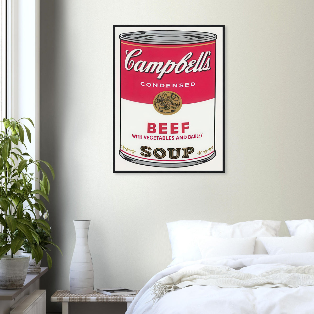 Andy Warhol framed print depicting the instantly legible soup-can silhouette, packaging lettering and product name create a highly recognizable commercial composition