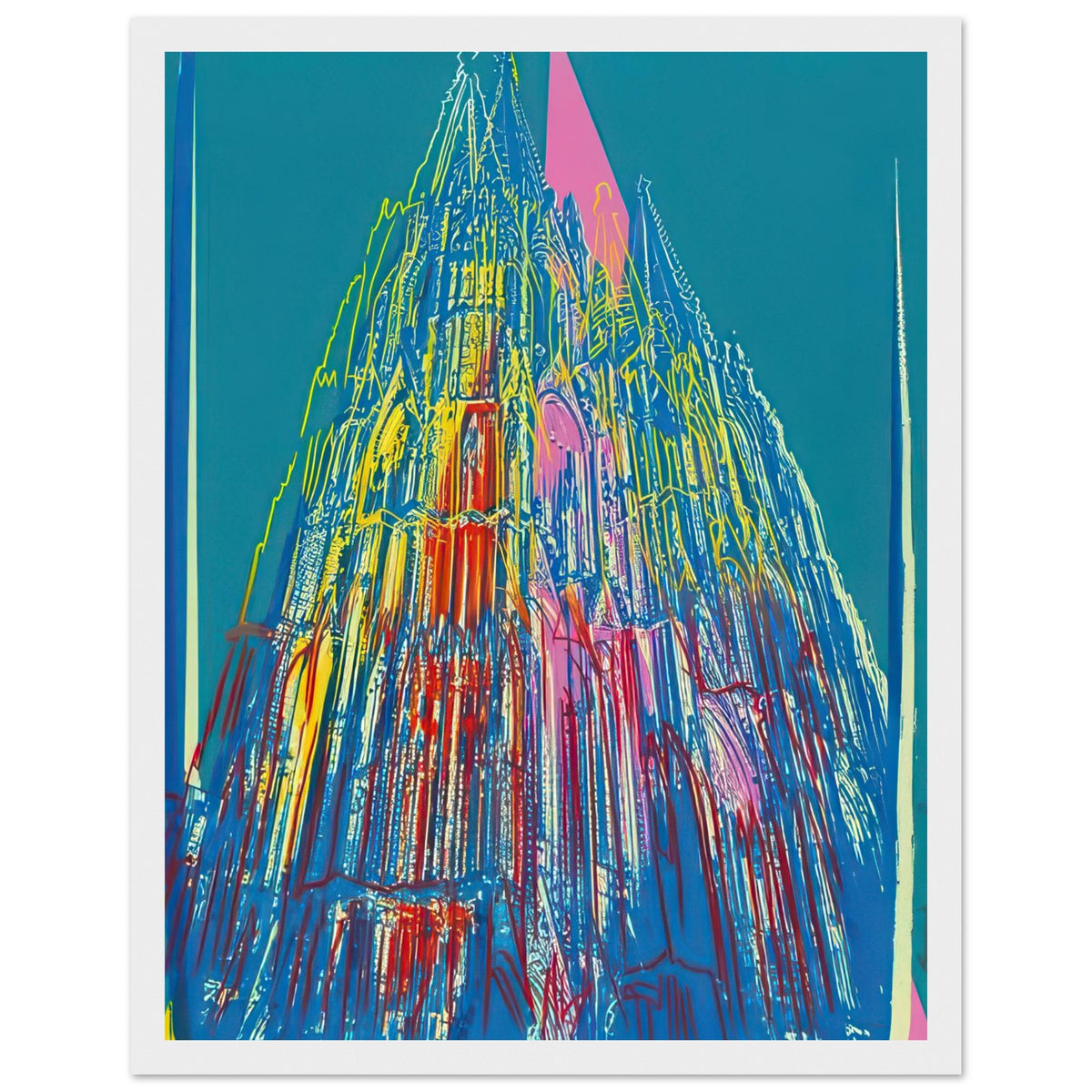 Andy Warhol framed print depicting the cathedral’s soaring spires and intricate façade give the poster a strong vertical architectural structure, providing an unusual counterpart to the artist’s better-known celebrity faces, white frame, 27x35 cm / 11x14″