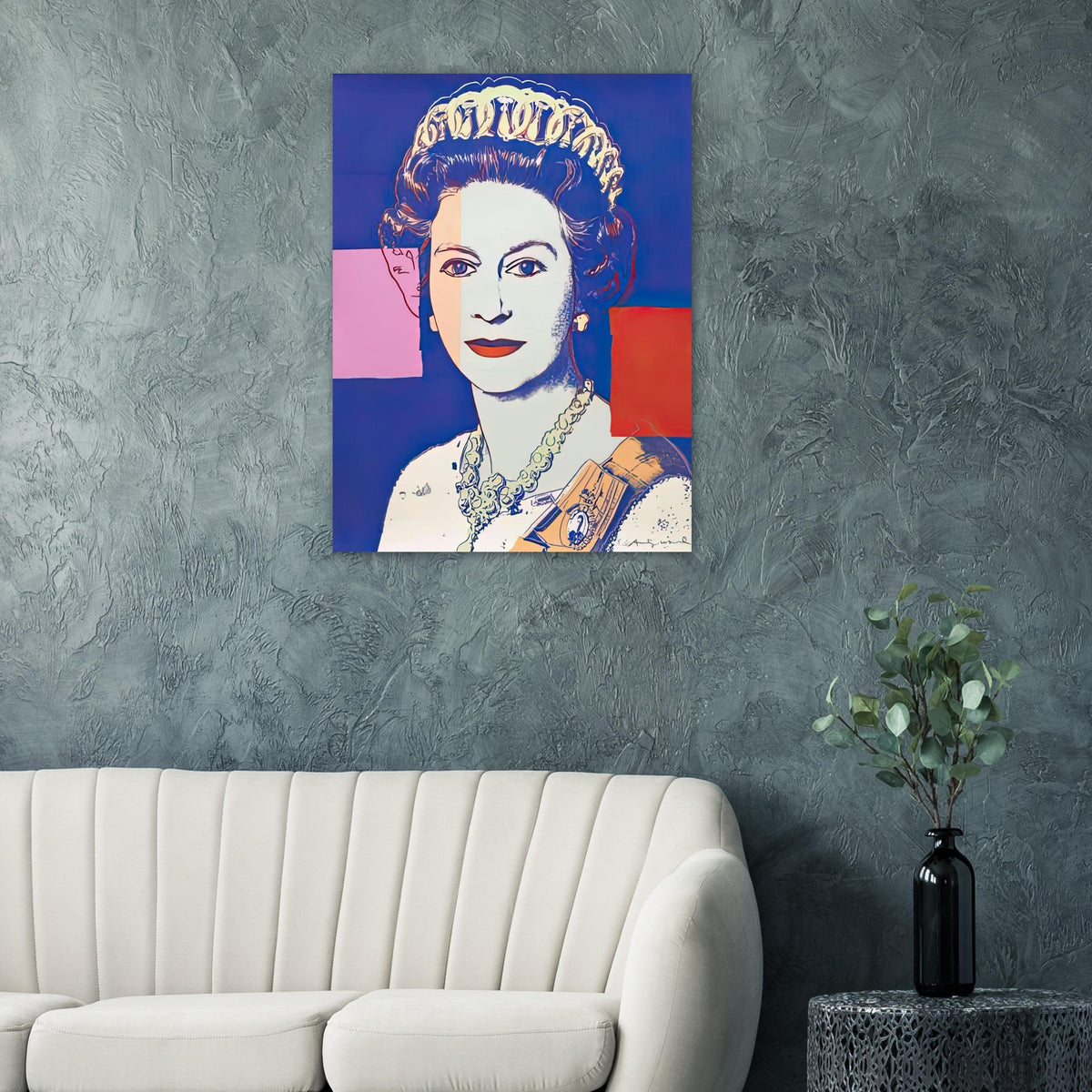 Andy Warhol poster depicting the recognizable royal portrait becomes a strong graphic focal point