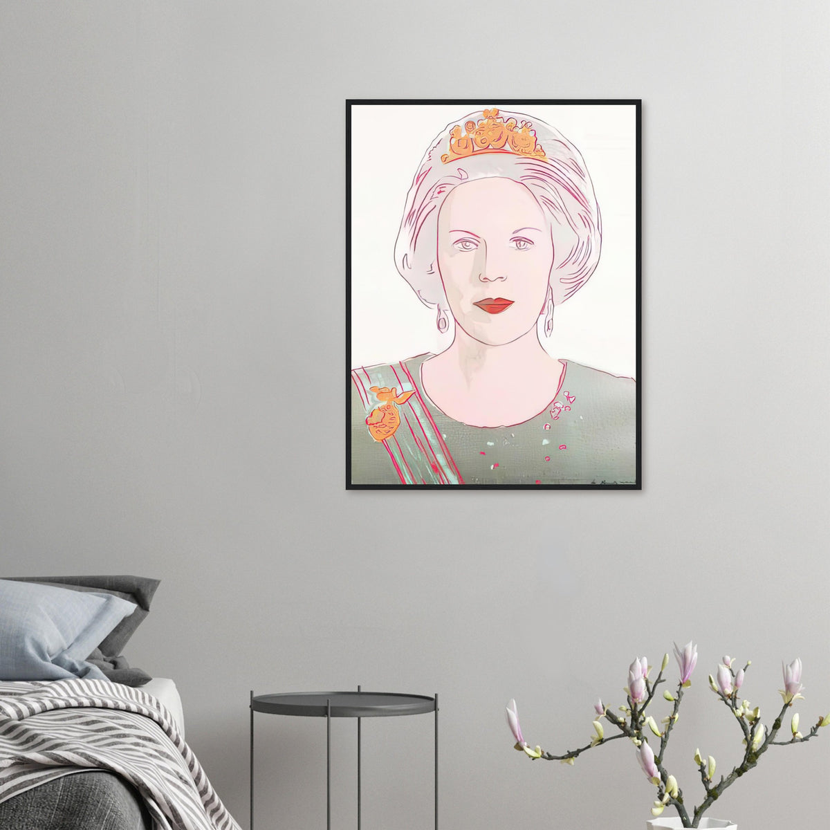 Andy Warhol framed print depicting this work depicts Queen Beatrix of the Netherlands; The Reigning Queens portfolio presented four women who held ruling power in their own right: Elizabeth