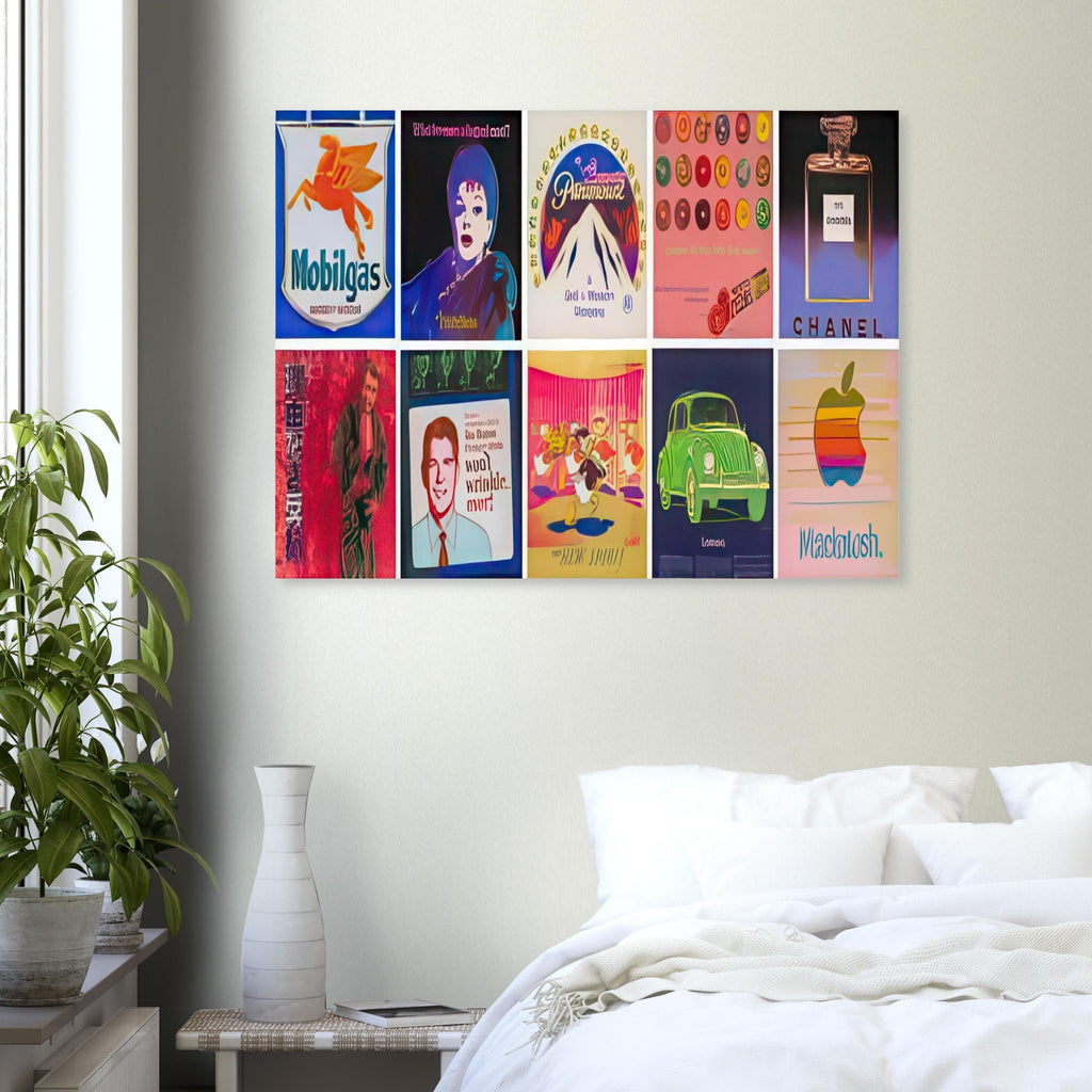 Andy Warhol poster depicting familiar commercial graphics turned into a composed art image, a detail that connects the composition to its broader artistic subject