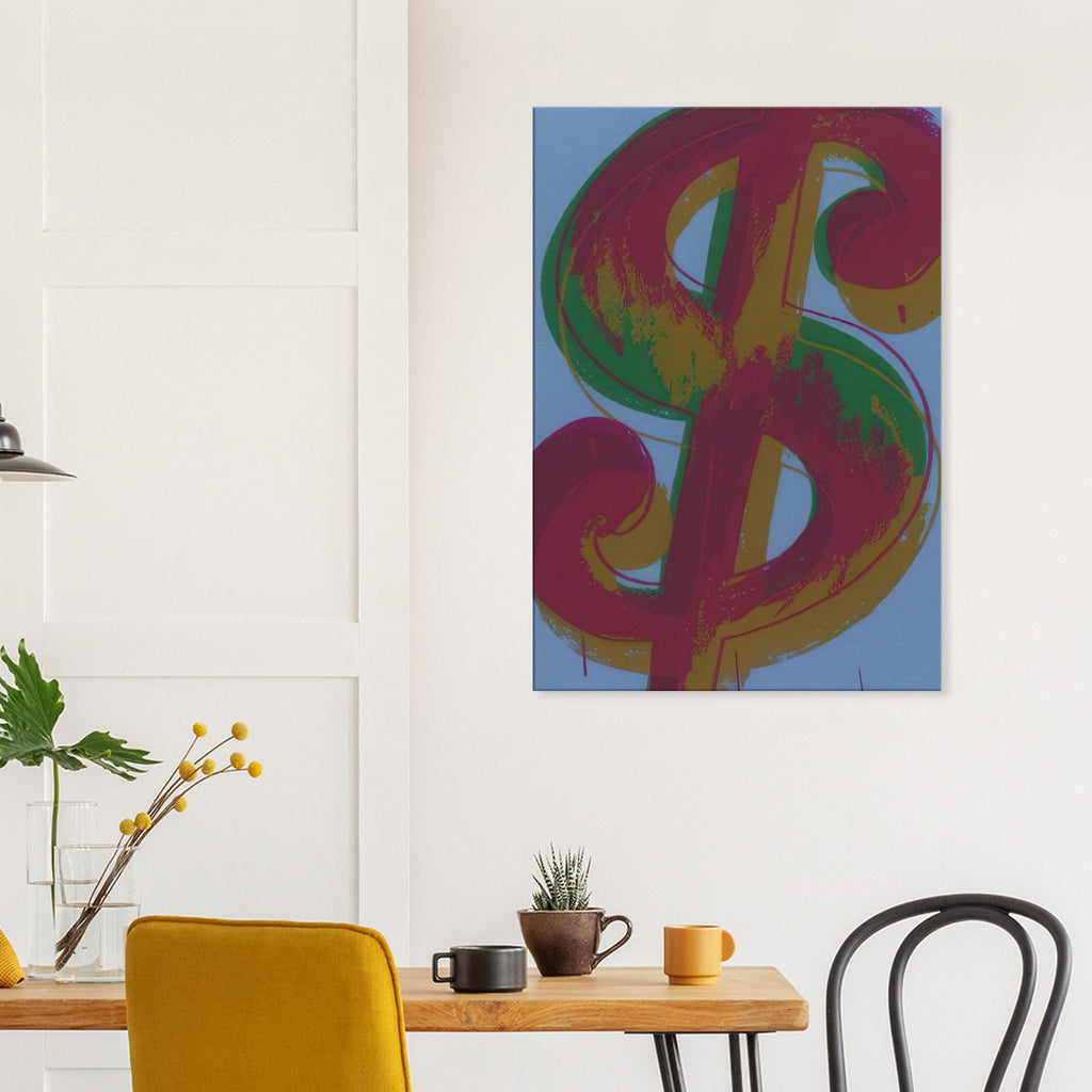 Andy Warhol canvas print depicting the repeated or isolated currency mark operates like a logo: simple, recognizable and assertive