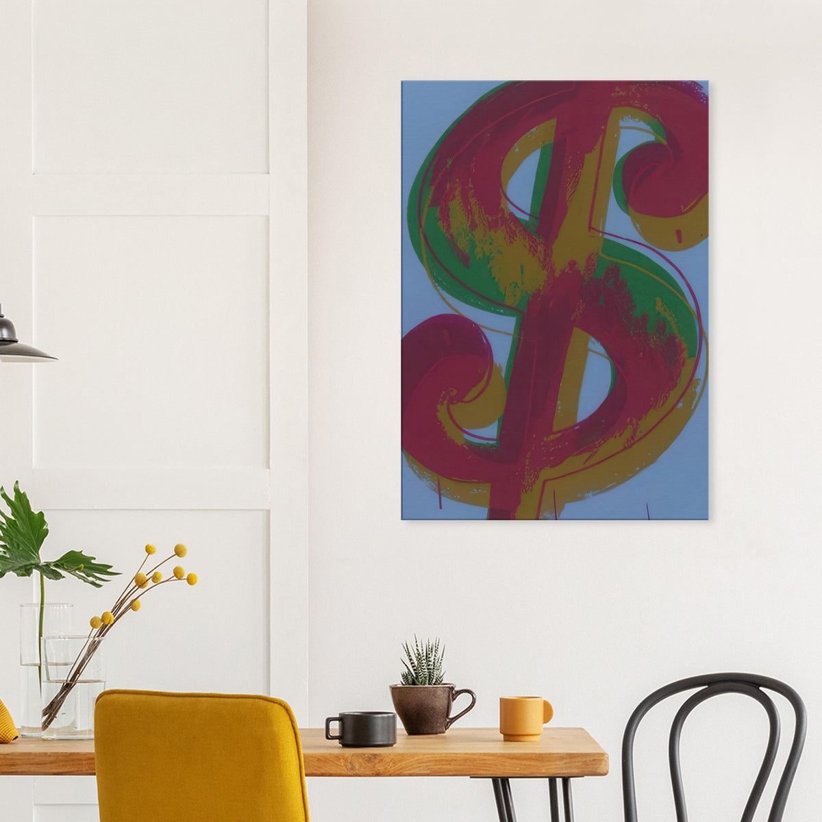 Andy Warhol canvas print depicting the repeated or isolated currency mark operates like a logo: simple, recognizable and assertive
