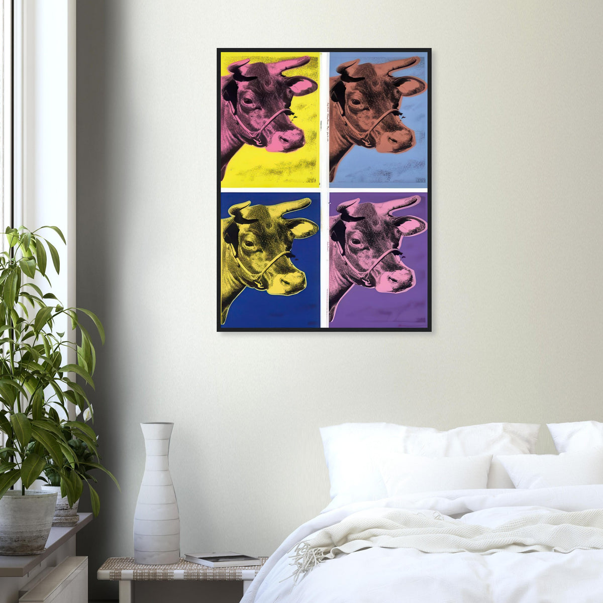 Andy Warhol framed print depicting the cow’s face becomes a bold graphic presence, replacing the gentle mood of traditional animal painting with irreverent visual impact