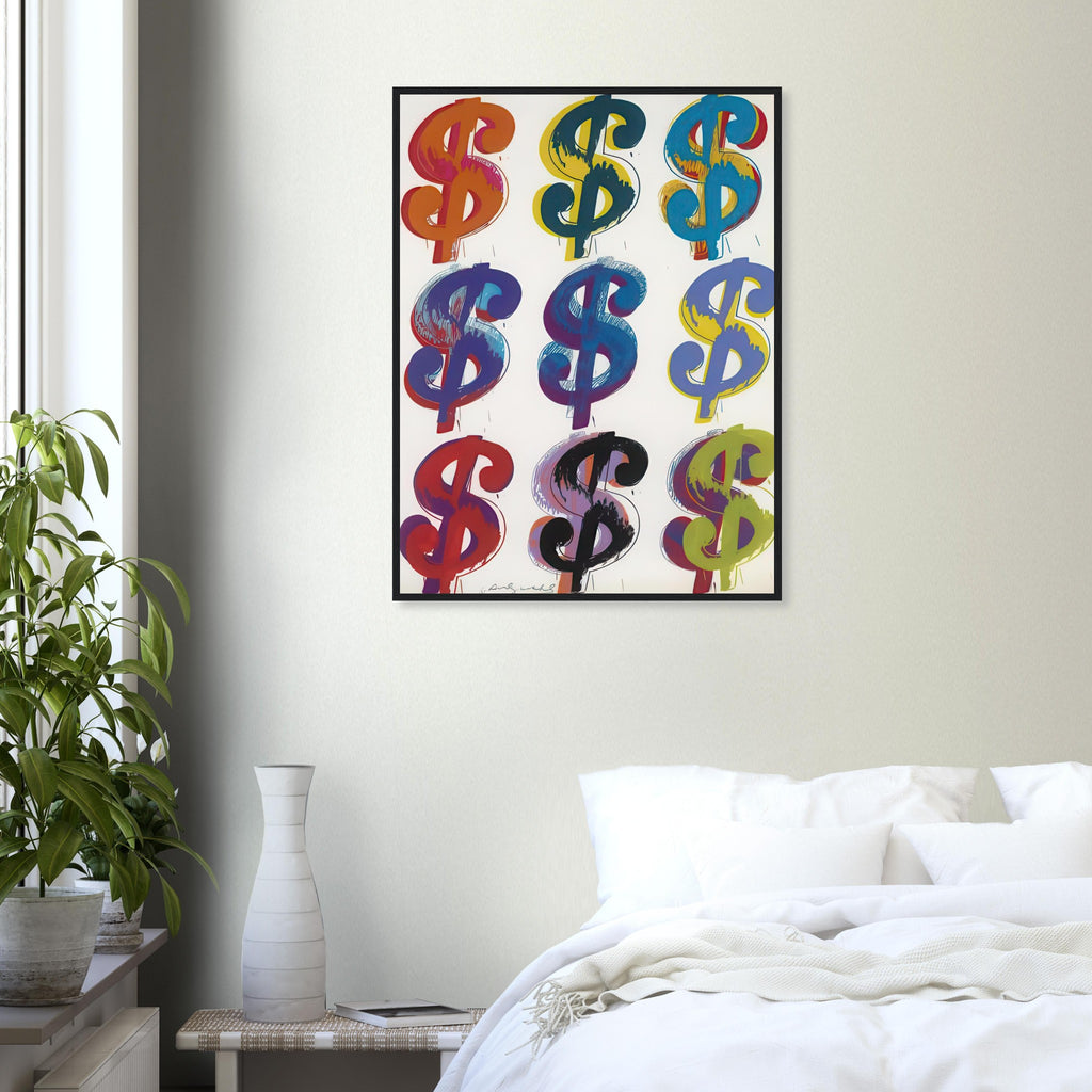 Andy Warhol framed print depicting the repeated or isolated currency mark operates like a logo: simple, recognizable and assertive