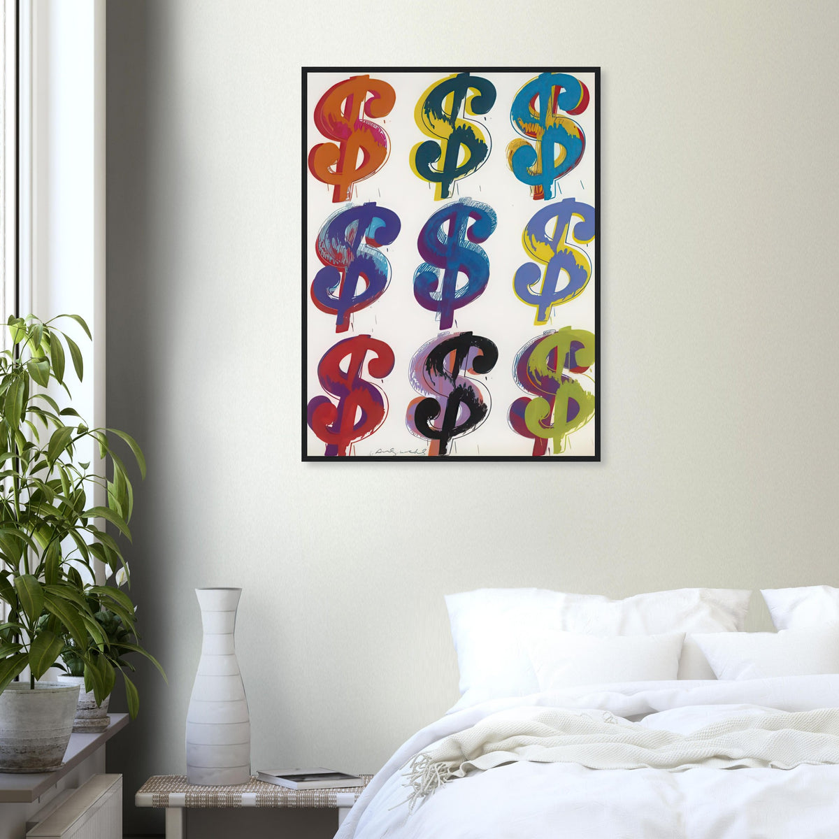 Andy Warhol framed print depicting the repeated or isolated currency mark operates like a logo: simple, recognizable and assertive