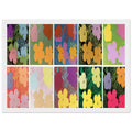 Andy Warhol framed print depicting repeated hibiscus-like blossoms with simplified petals and strong silhouettes, a detail that connects the composition to its broader artistic subject, white frame, 21x29.7 cm / 8x12"