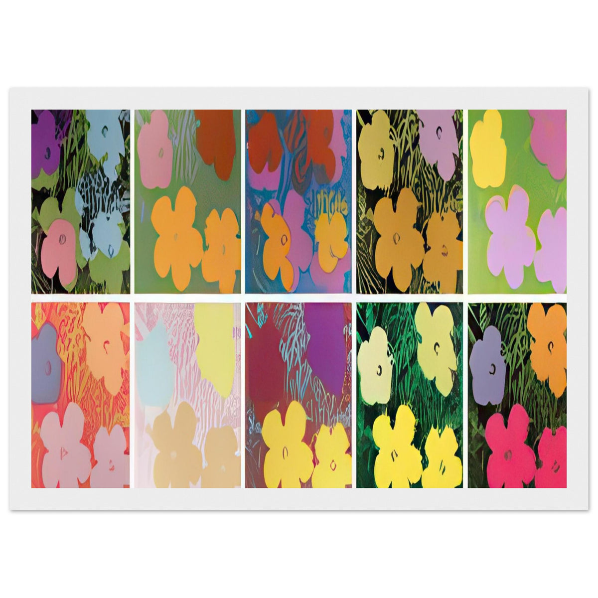 Andy Warhol framed print depicting repeated hibiscus-like blossoms with simplified petals and strong silhouettes, a detail that connects the composition to its broader artistic subject, white frame, 21x29.7 cm / 8x12"